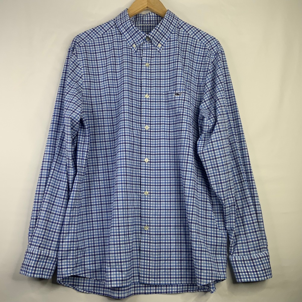 Vineyard Vines OTG Performance Shirt Mens Large Blue Gingham Check Button Down - Picture 2 of 7